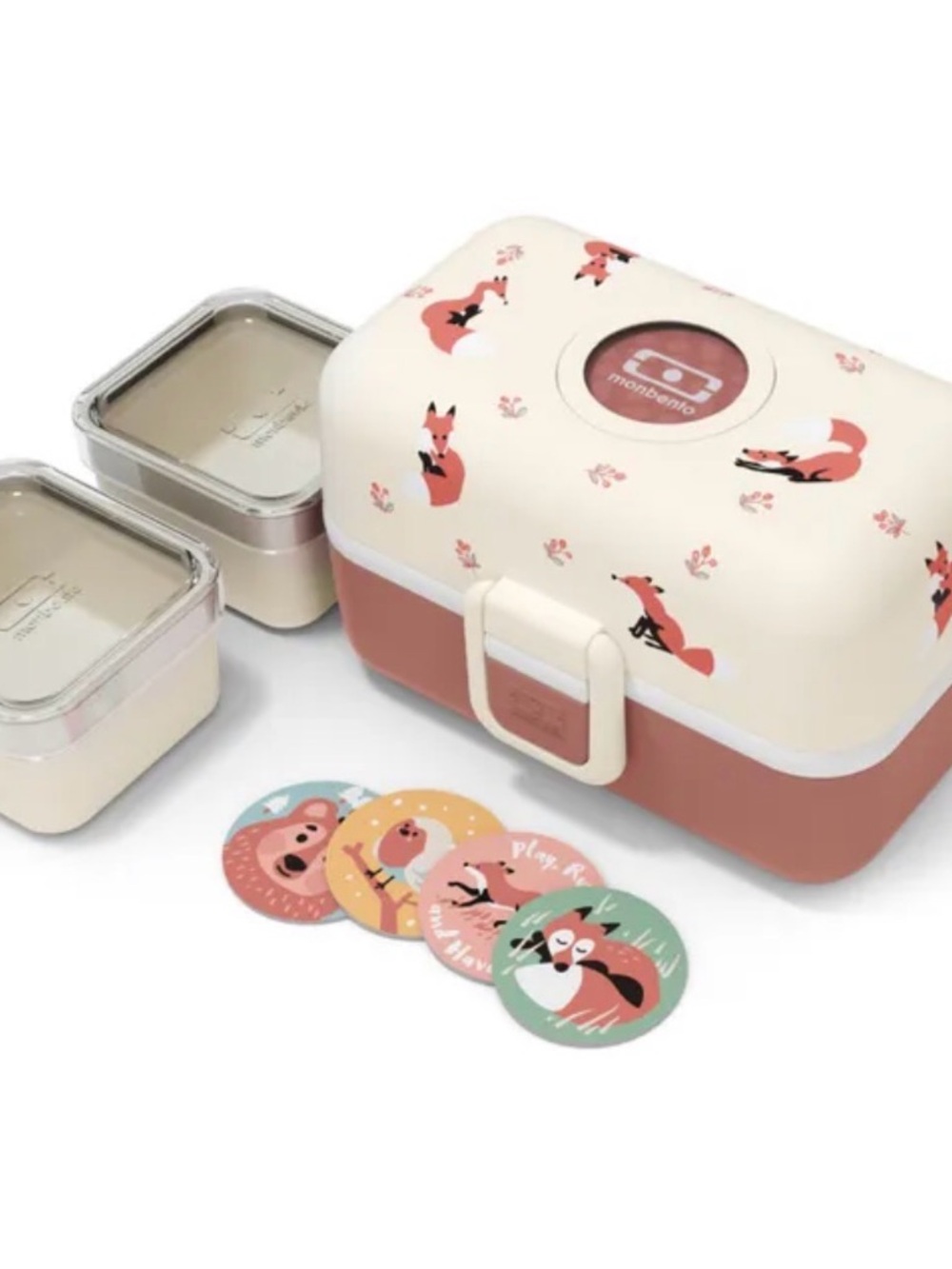 Monbento Kids Fox Print Bento Box - Cream & Dusty Pink